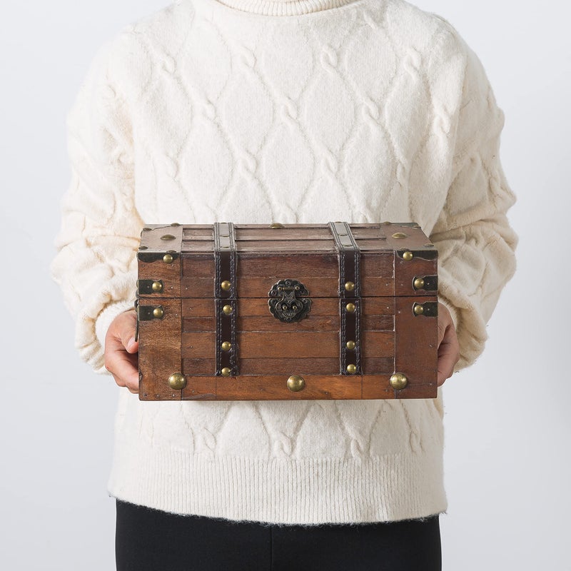 SLPR Alexander Small Wooden Treasure Chest - 11" x 7" x 5.5", Wood Storage Box with Hinged Lid, Decorative Trunk for Keepsakes, Vintage Pirate Chest for Classroom - Image 2